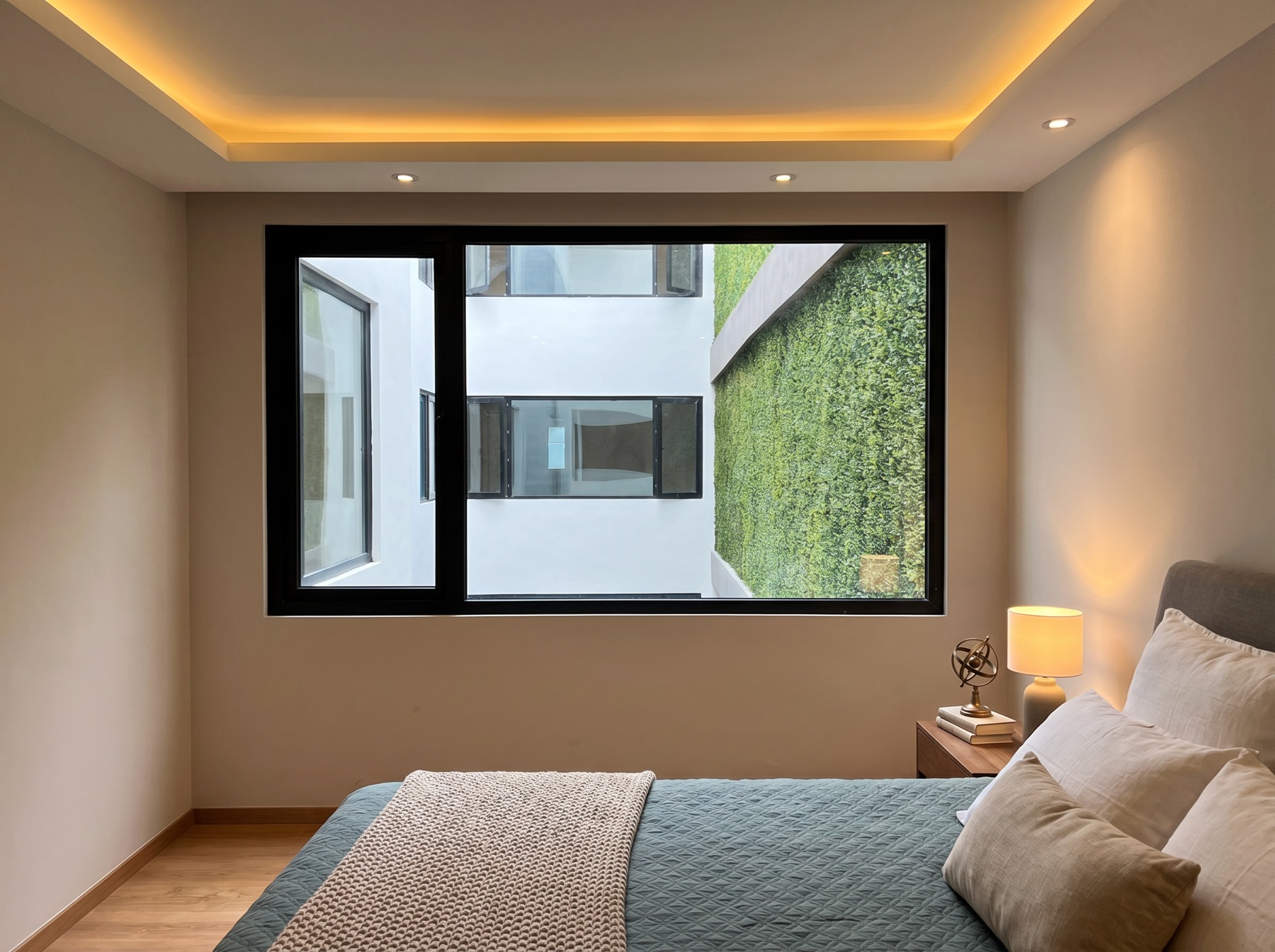 Recámara con ventana de aluminio negro e iluminación indirecta en plafón