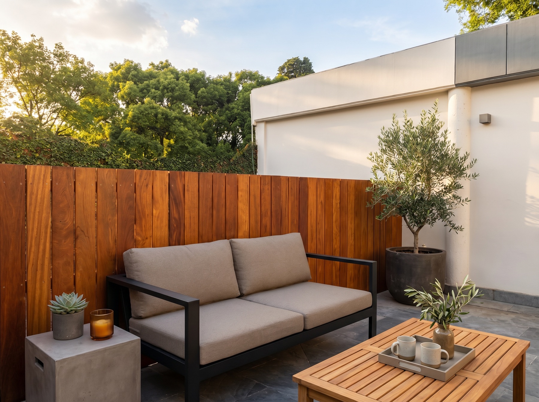 Terraza San Carlos con celosía de madera, sala exterior y olivo en maceta